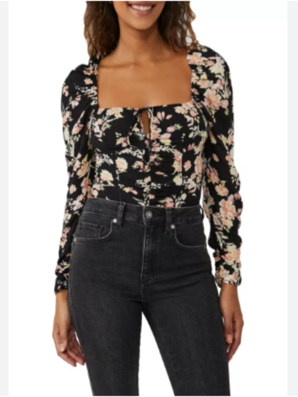 NWT Free People Hilary Floral Long Sleeve Top Black Combo Size XS